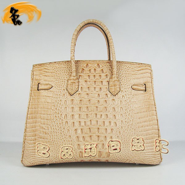 6089 愛(ài)馬仕女包 Hermes手提包 Hermes Birkin 鉑金包 鱷魚頭紋(35) 土黃色銀扣