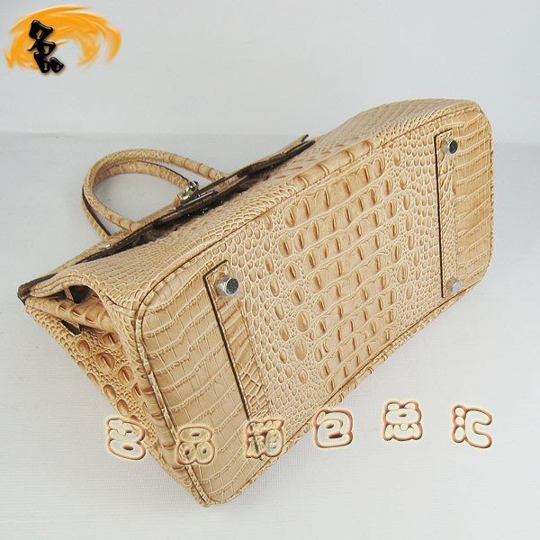 6089 愛(ài)馬仕女包 Hermes手提包 Hermes Birkin 鉑金包 鱷魚頭紋(35) 土黃色銀扣