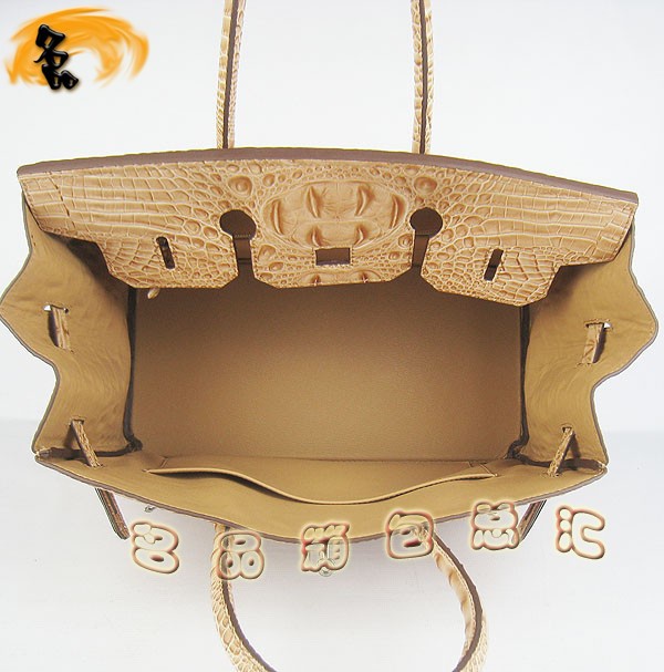 6089 愛(ài)馬仕女包 Hermes手提包 Hermes Birkin 鉑金包 鱷魚頭紋(35) 土黃色銀扣