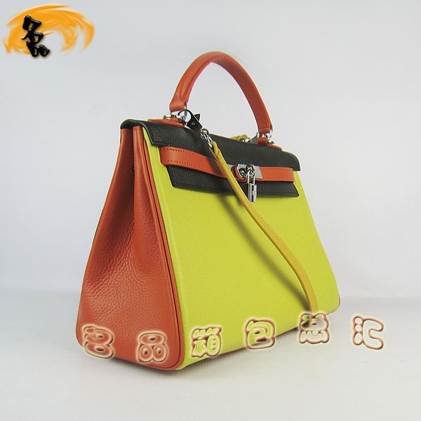 6108 凱莉包 Hermes女包 手提包 愛馬仕斜挎包 Hermes Kelly Bag 配色荔枝紋 黑橙綠色銀扣