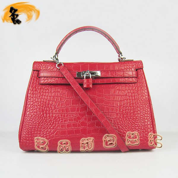 6108 Hermes Kelly系列手提包 Hermes女包 凱莉包 愛馬仕斜挎包 鱷魚紋 紅色銀扣