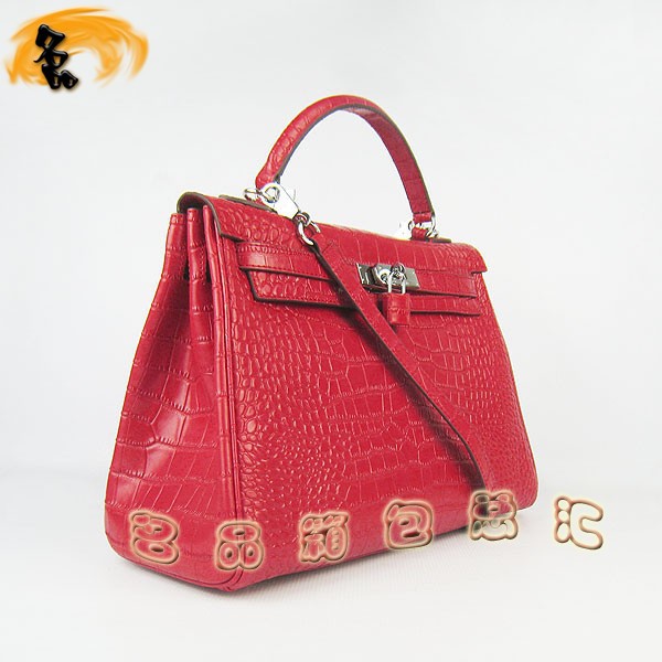 6108 Hermes Kelly系列手提包 Hermes女包 凱莉包 愛馬仕斜挎包 鱷魚紋 紅色銀扣