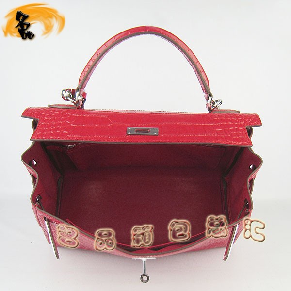 6108 Hermes Kelly系列手提包 Hermes女包 凱莉包 愛馬仕斜挎包 鱷魚紋 紅色銀扣