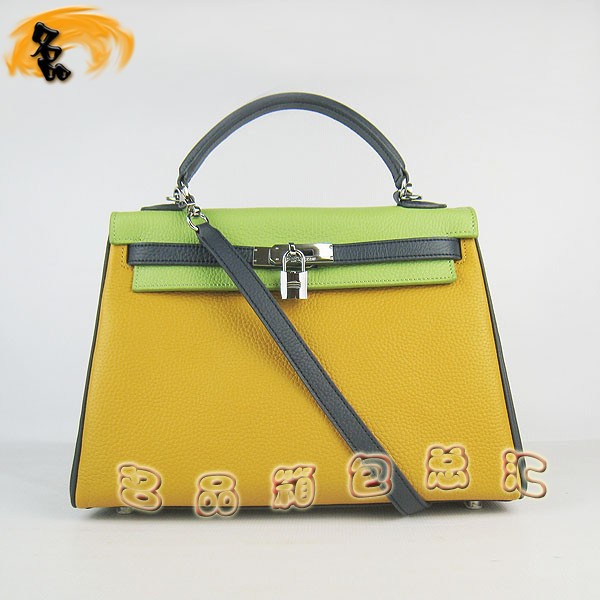 6108 凱莉包 Hermes女包 手提包 愛(ài)馬仕斜挎包 Hermes Kelly Bag 配色荔枝紋 黃藍(lán)綠色銀扣