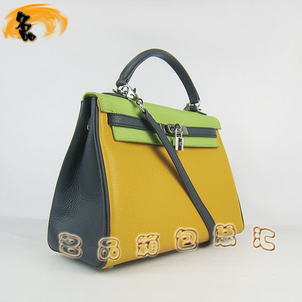 6108 凱莉包 Hermes女包 手提包 愛(ài)馬仕斜挎包 Hermes Kelly Bag 配色荔枝紋 黃藍(lán)綠色銀扣