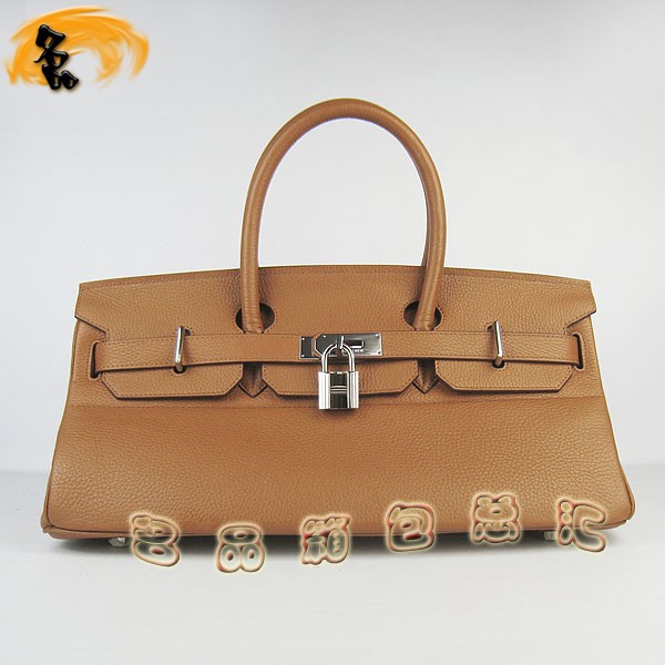 6109 Hermes經(jīng)典 Hermes時(shí)尚休閑女士 Birkin 鉑金包 手提包 荔枝紋 42 淺啡色銀扣