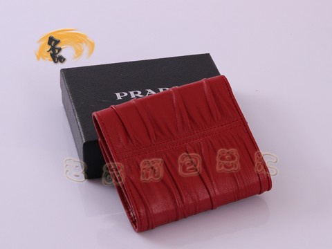 1M0176 Prada最新款羊皮褶皺三折錢包 Prada錢包 普拉達錢夾 Prada女包 紅色