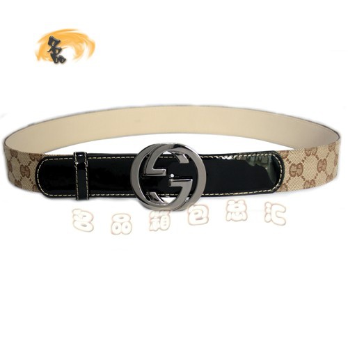114876 Gucci經典款時尚男士皮帶 Gucci皮帶 古奇雙G帆布男款皮帶 Gucci腰帶 杏配黑色
