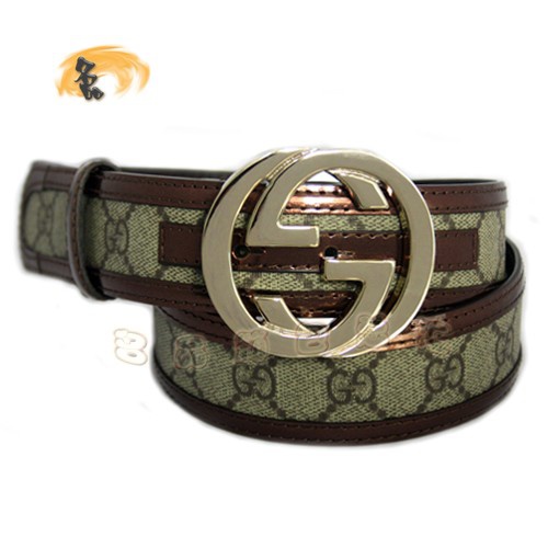 114876 Gucci經典款時尚男士皮帶 Gucci皮帶 古奇雙G帆布男款皮帶 Gucci腰帶 灰配啡色