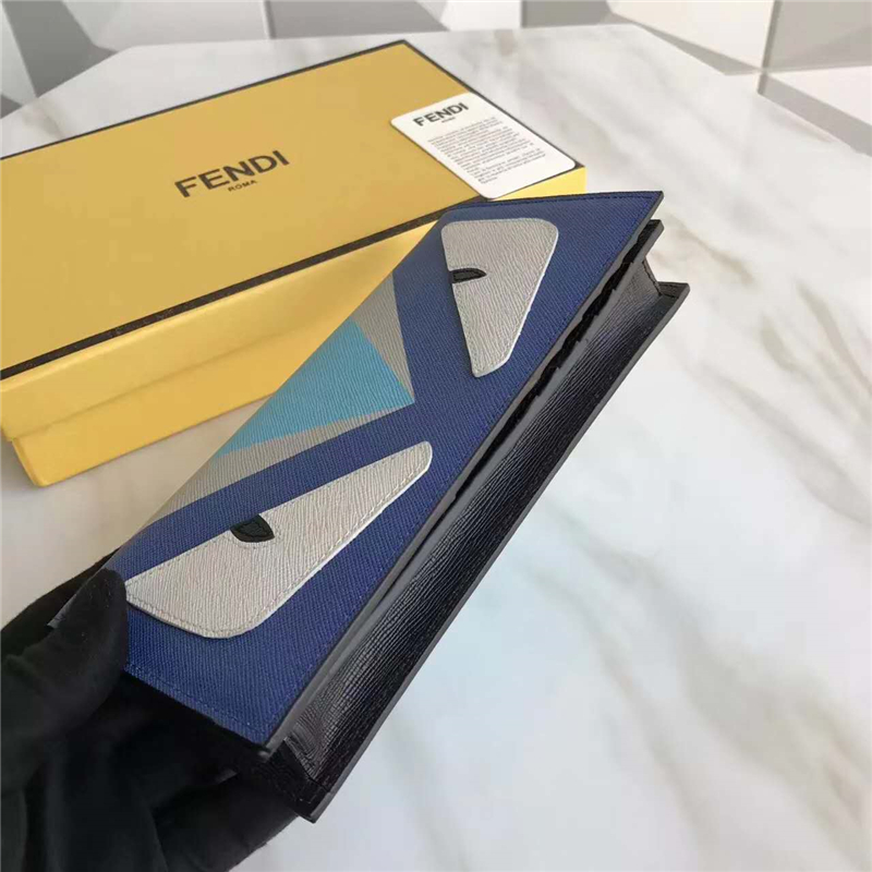 FENDI 芬迪 0186 絲印拼色精美小牛皮長款皮夾 天藍額白眼藍皮