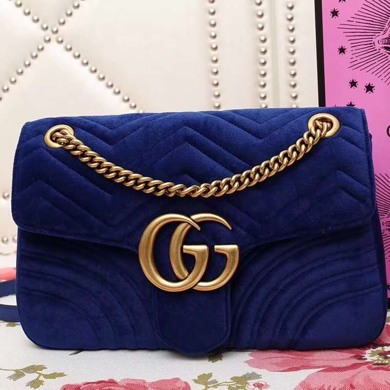 443496 Gucci女包 GG Marmont系列 天鵝絨 大號 古馳鏈條包 Gucci斜挎包 寶藍色