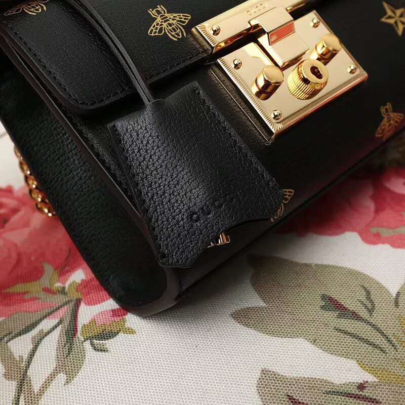 409487 Gucci肩背包 Padlock系列 真皮 白色蜜蜂星星 鏈條肩背包 黑色