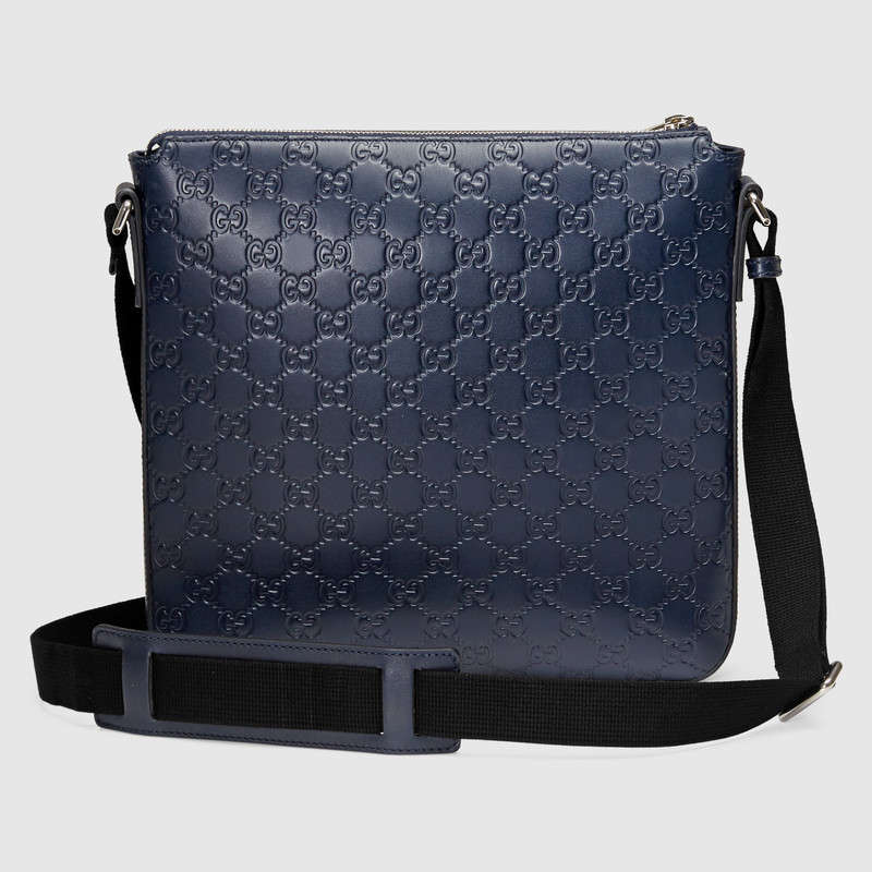 406408 GUCCI Gucci Signature真皮 前襟拉鏈 中號(hào)扁平 郵差包 藍(lán)色