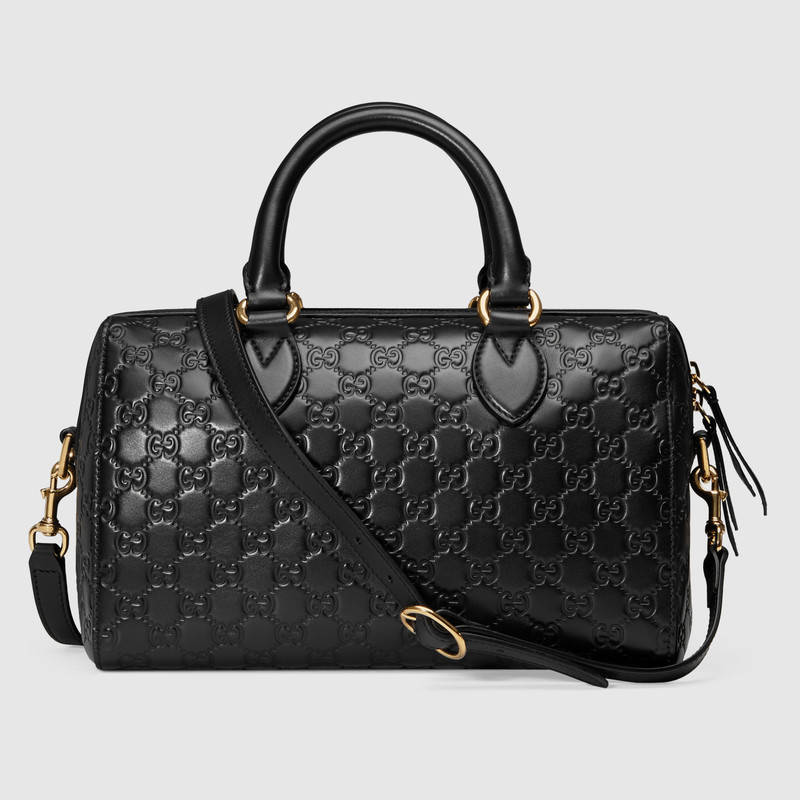 453573 Gucci Signature 柔軟質(zhì)地 皮革 手提包 波士頓包 黑色