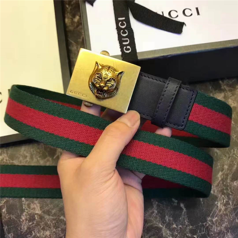 Gucci 古馳 官網(wǎng)同步爆款 織帶拼皮 男士腰帶 虎頭帶扣