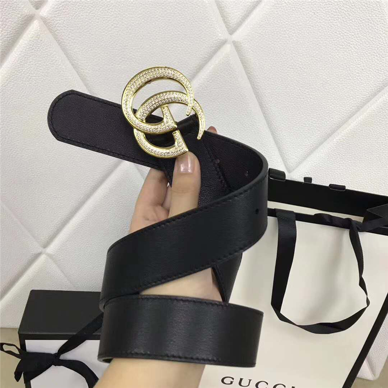 4208114879 Gucci 2017新款 牛皮 互扣式滿鉆GG帶扣 Gucci腰帶 男款皮帶 金色