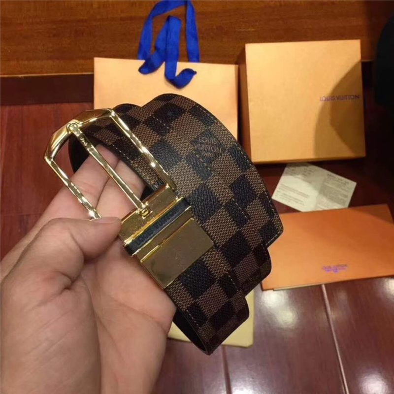 M9073Q LV腰帶 Damier帆布面 SLENDER 雙面可用 男士腰帶 啡棋盤格金扣