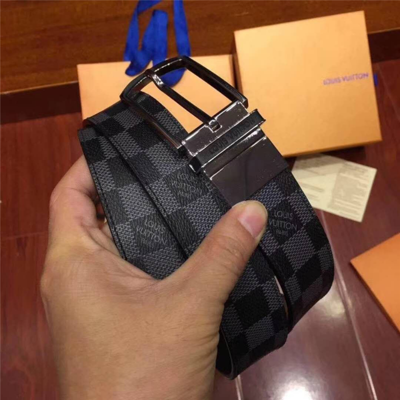 M9074Q LV腰帶 Damier帆布面 SLENDER 雙面可用 男士腰帶 黑棋盤格銀扣