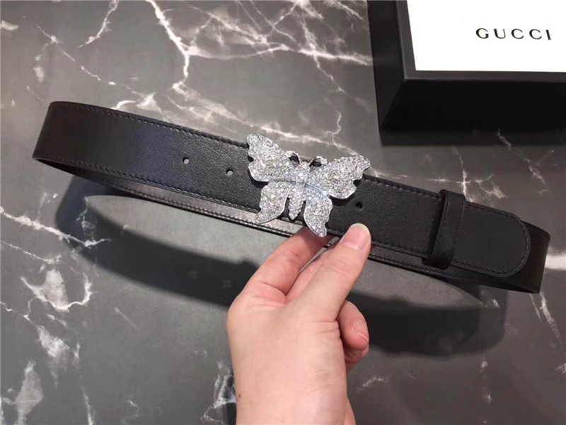 Gucci 2018新款 走秀款 原版牛皮 蝴蝶滿鉆扣頭 黑色銀扣