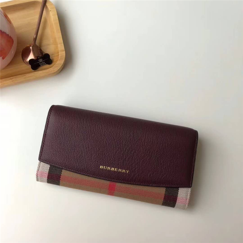 39753301 Burberry巴寶莉 Banner手袋系列 House格紋 拼皮長款錢夾 紅褐色