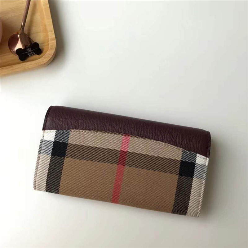 39753301 Burberry巴寶莉 Banner手袋系列 House格紋 拼皮長款錢夾 紅褐色