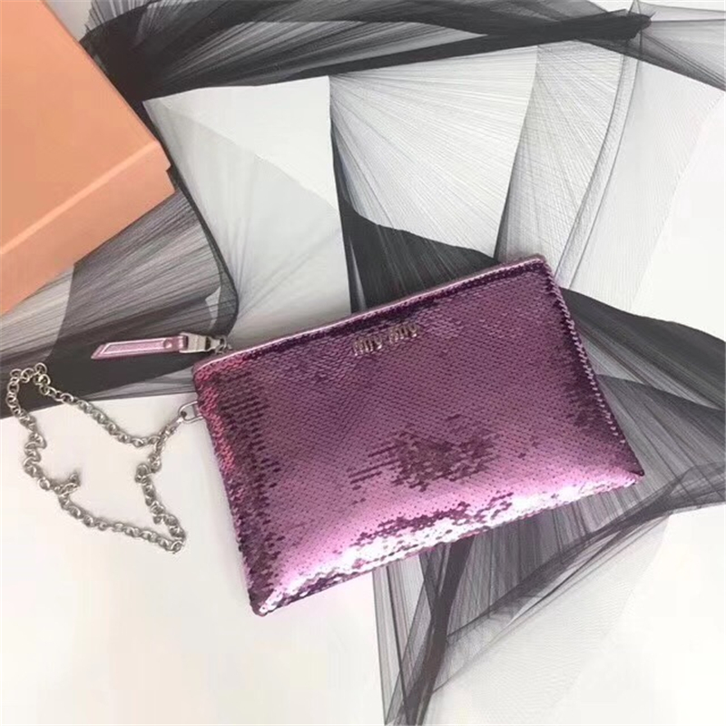5NH81C MIUMIU專柜新款 手工珠刺繡 亮片單肩手拿包 粉紫