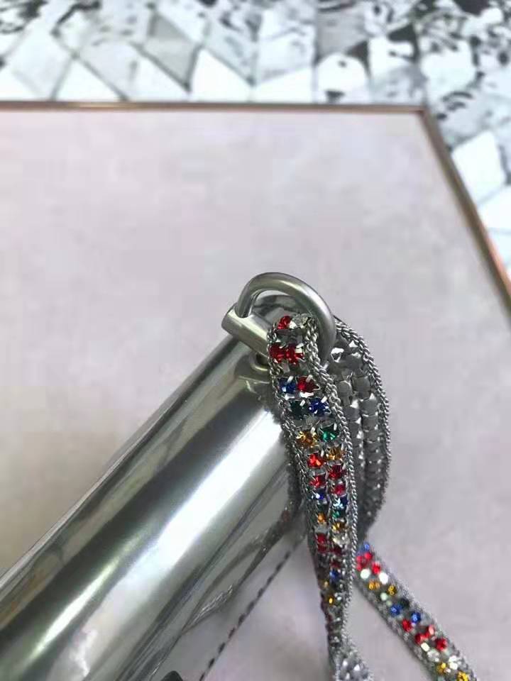5817 Dior女包 復(fù)古彩鉆金屬扣 鏡面小牛皮 迪奧手袋 彩鉆鏈條肩包 銀灰色