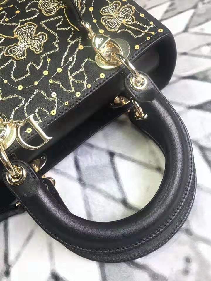 44550 Dior女包 Lady Dior限量款 刺繡亮片 牛皮金吊墜 迪奧單肩手提包 黑色