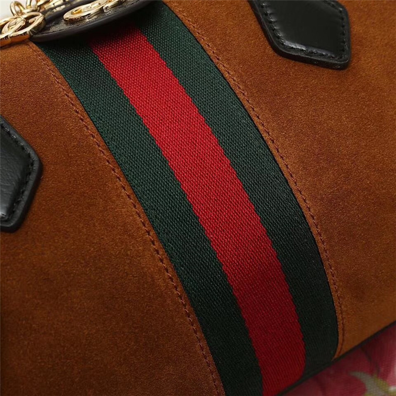 524532 Gucci Ophidia系列 麂皮 條紋織帶 GG標識 古馳波士頓手提包 棕色