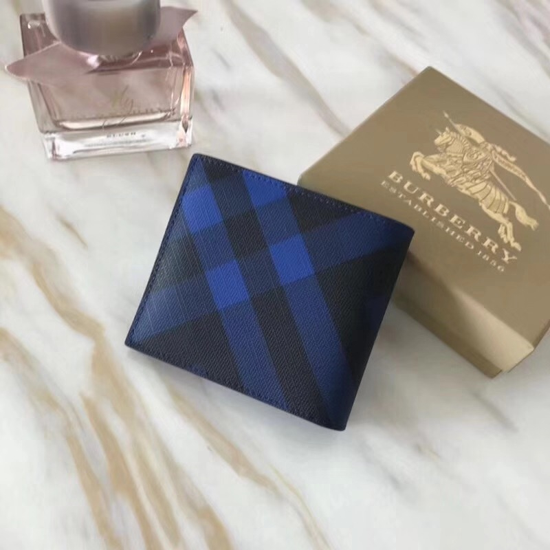80060611 Burberry男款錢夾 London格紋拼皮革 短款 巴寶莉雙折西裝夾 海軍藍